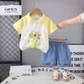 Boys Yellow Dinosaur Printed Short Sleeve Polo T-Shirt With Denim Shorts Sets 2 pc. Sets Yellow 1-2 Y