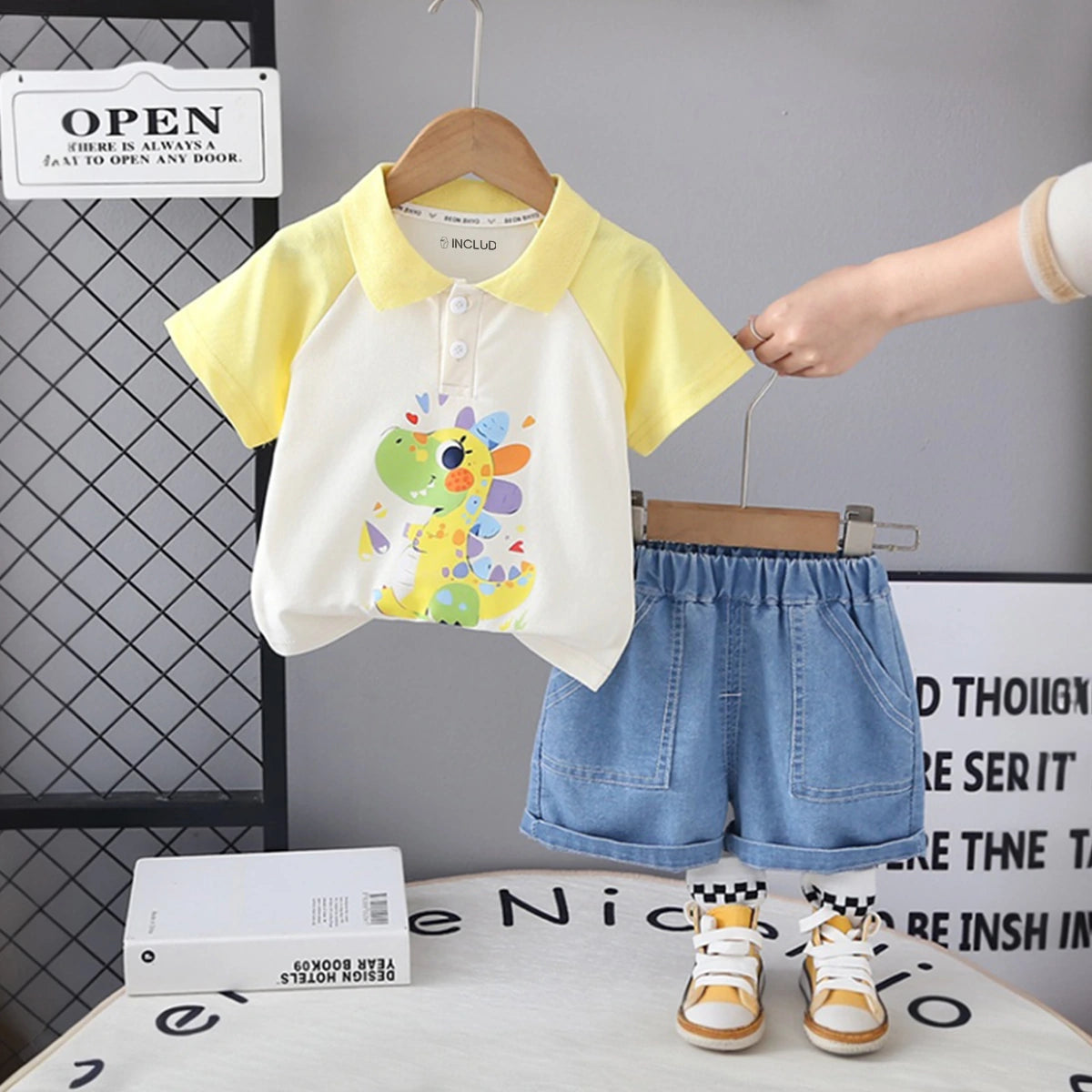 Boys Yellow Dinosaur Printed Short Sleeve Polo T-Shirt With Denim Shorts Sets 2 pc. Sets Yellow 1-2 Y