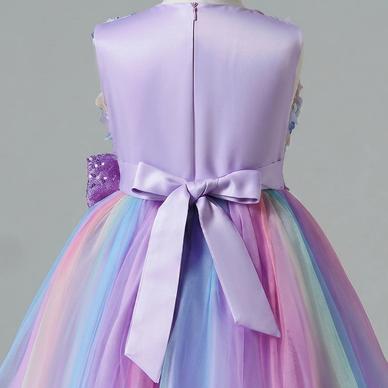 Girls Lavender Floral Applique Fit & Flare Party Wear Dress With Sequin Bow Party Dresses