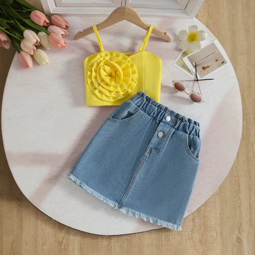 Girls Yellow 3D Flower Applique Embellished Top With Denim Skirt Sets Sets Yellow 2-3 Y