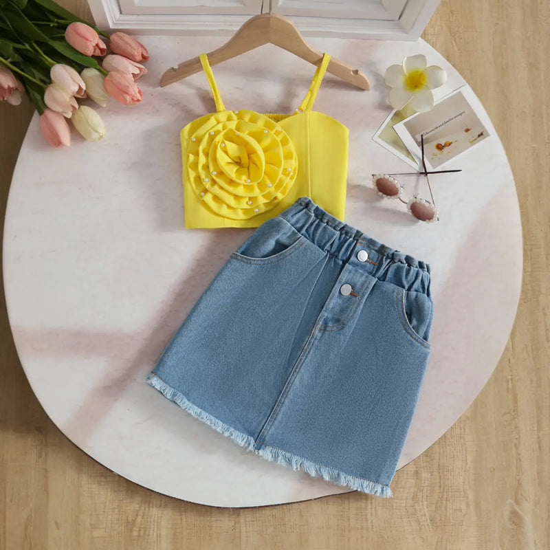 Girls Yellow 3D Flower Applique Embellished Top With Denim Skirt Sets Sets Yellow 2-3 Y