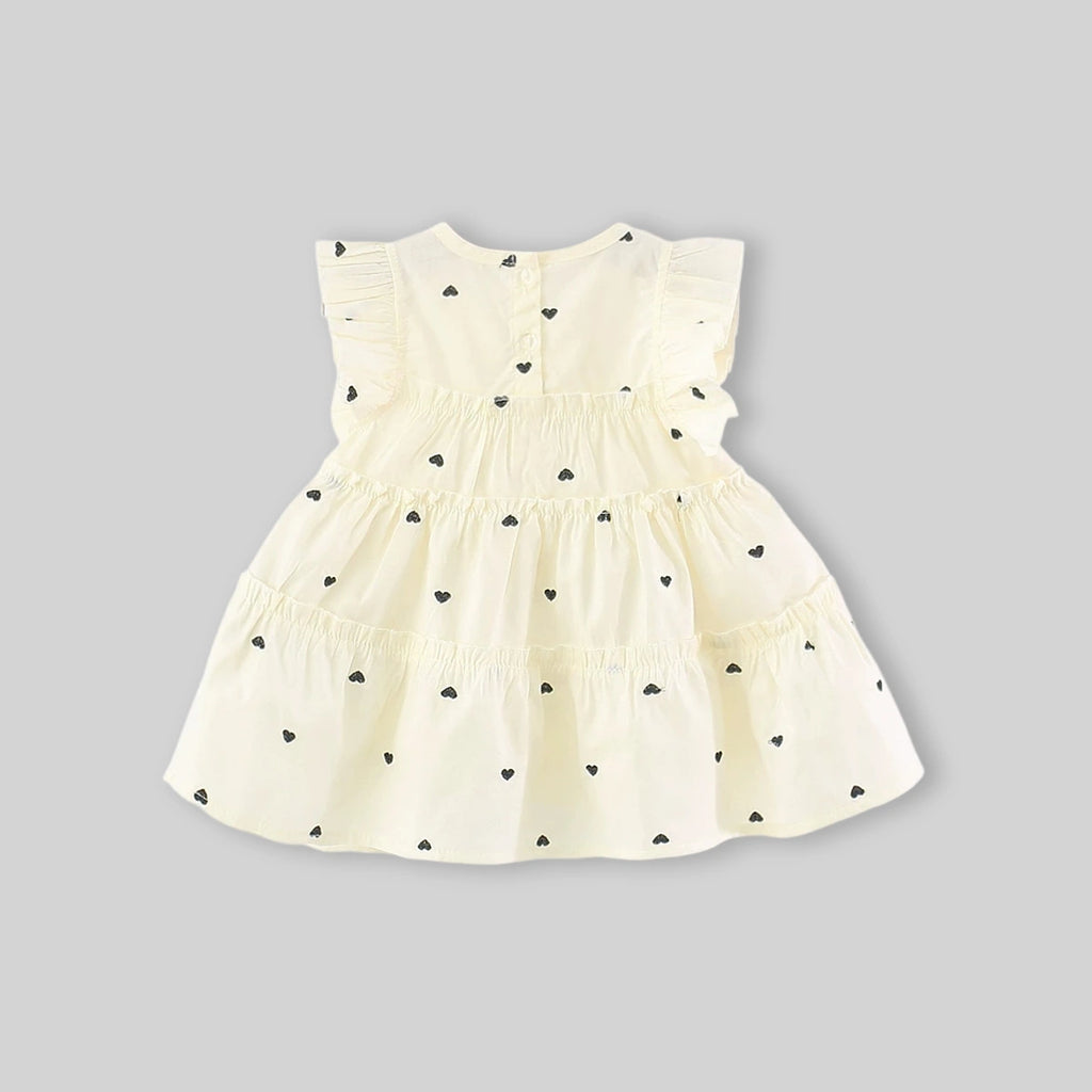 Girls Beige Heart Print Tiered A-Line Dress With Sling Bag Casual Dresses