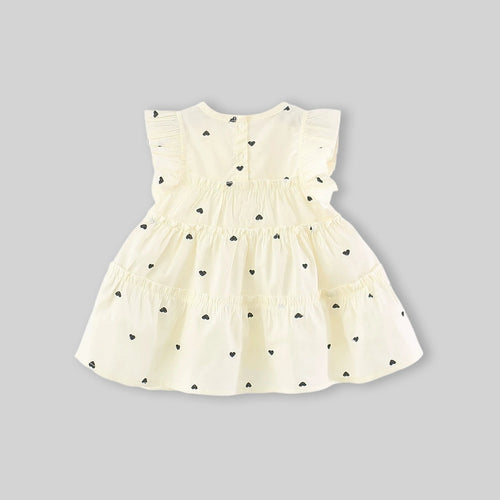 Girls Beige Heart Print Tiered A-Line Dress With Sling Bag Casual Dresses
