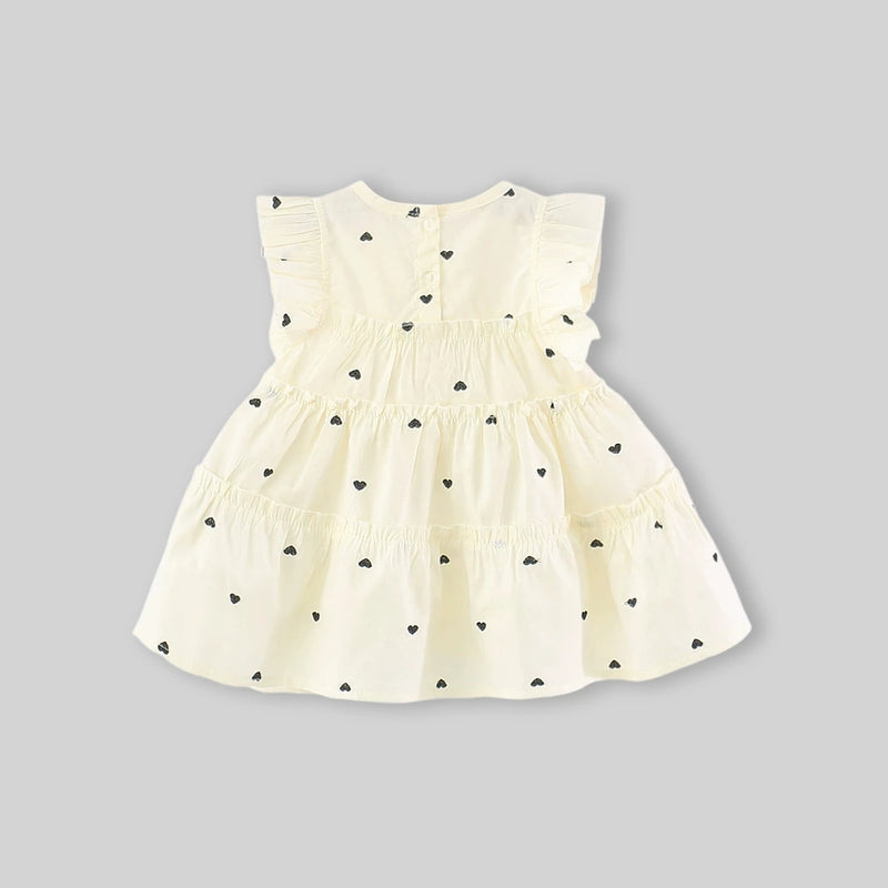 Girls Beige Heart Print Tiered A-Line Dress With Sling Bag Casual Dresses