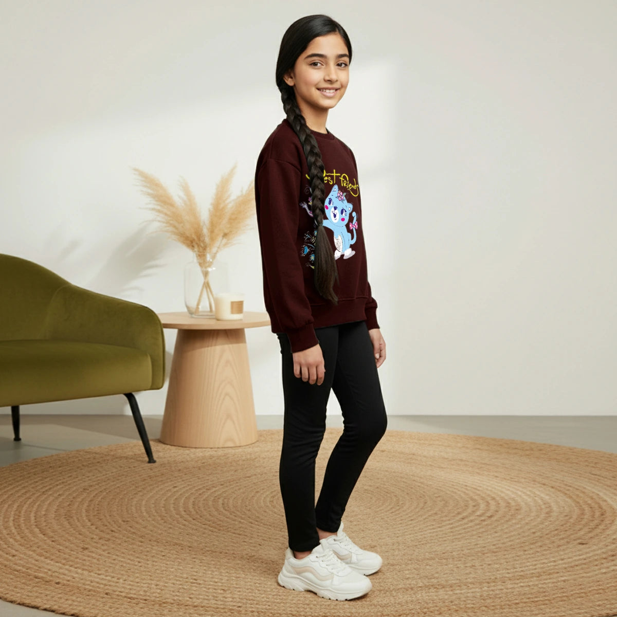 Girls Maroon Best Friend Graphics Round Neck Sweatshirt Sweatshirts & Hoodies
