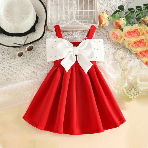 Girls Red Sleeveless Fit & Flare Party Wear Dress With Elegant Bow Detail Party Dresses