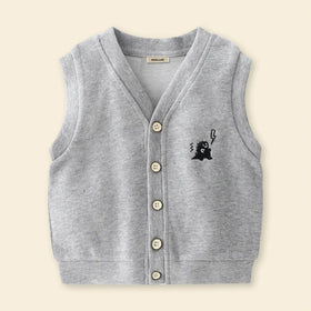 Boys Grey Self-Design Sleeveless Knitted Cardigan Sweaters & Cardigans