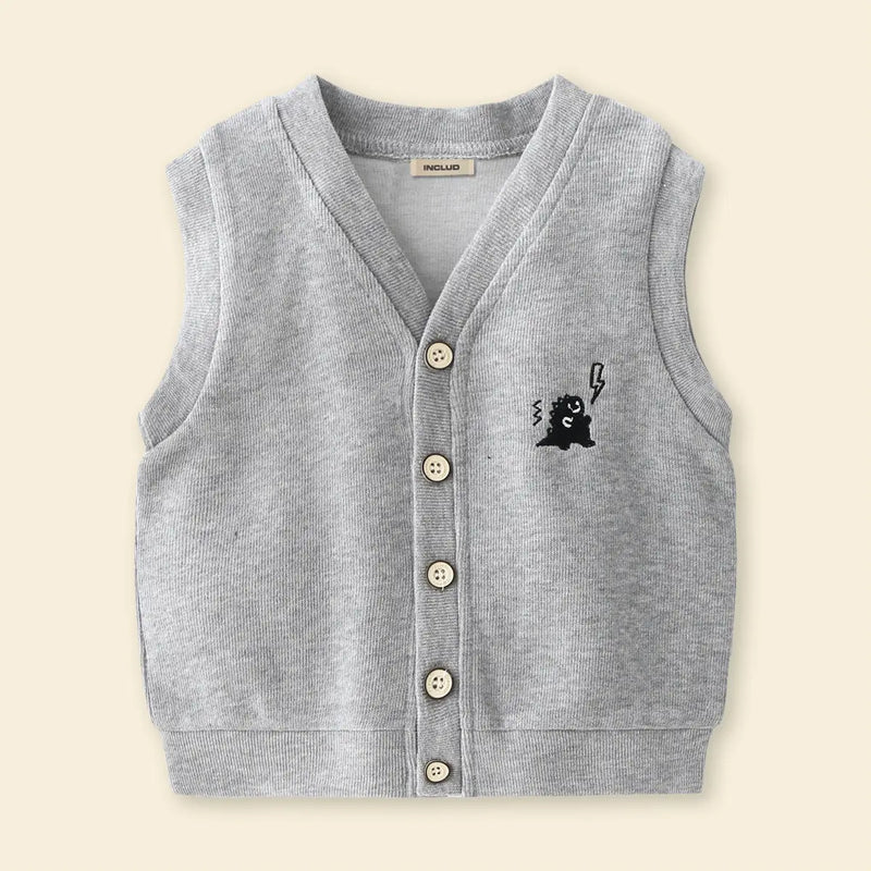 Boys Grey Self-Design Sleeveless Knitted Cardigan Sweaters & Cardigans
