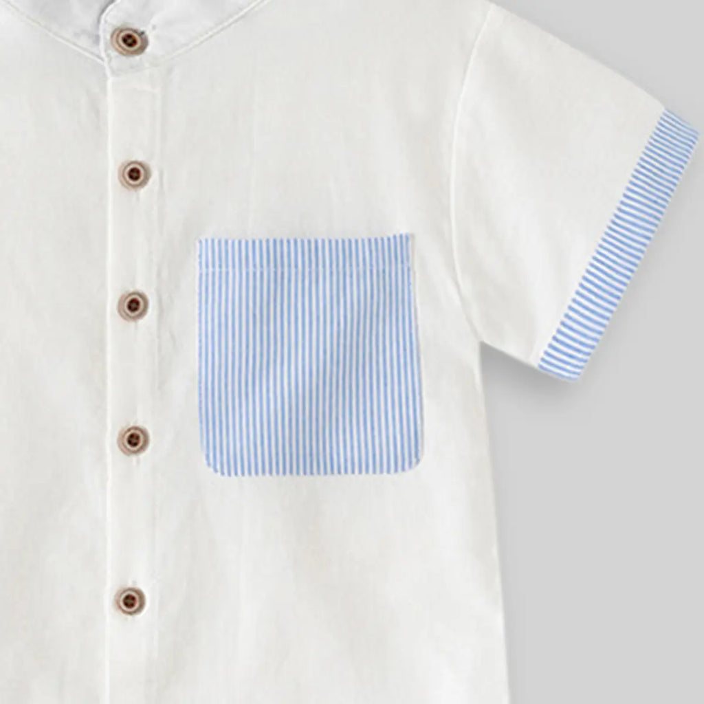Boys White Solid Mandarin Collar Shirt With Striped Patch Pocket Shirts