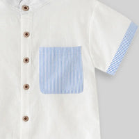 Boys White Solid Mandarin Collar Shirt With Striped Patch Pocket Shirts