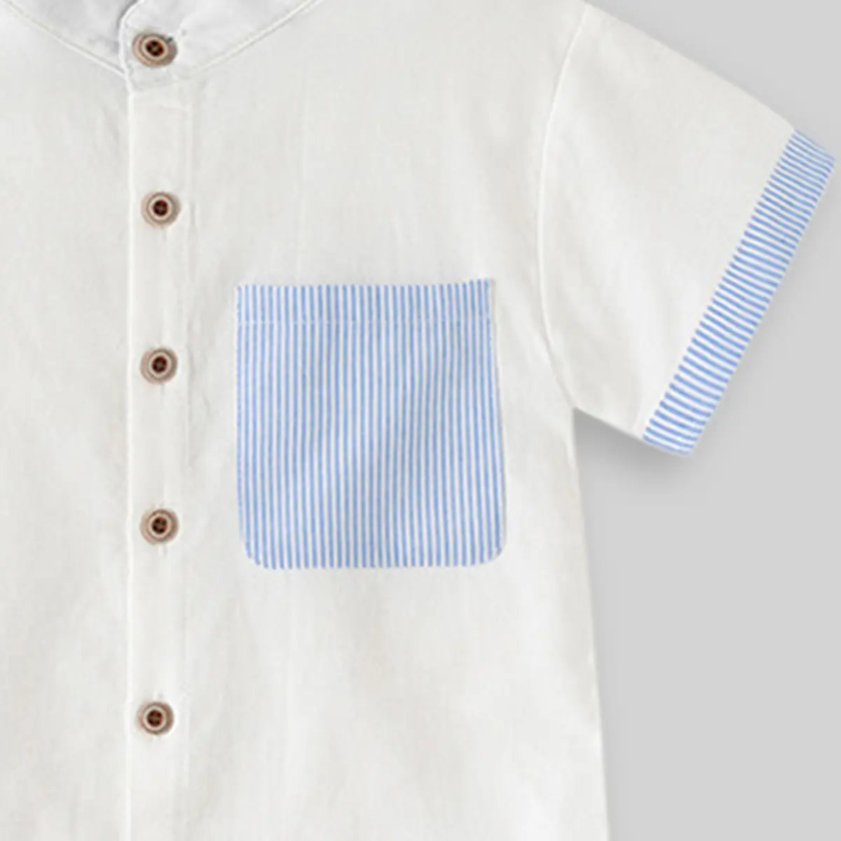 Boys White Solid Mandarin Collar Shirt With Striped Patch Pocket Shirts