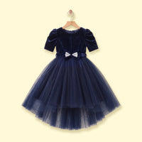 Girls navy blue party dress with puff sleeves and bow