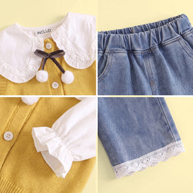 Girls Yellow Sweater Vest & Top With Denim Pants Sets Sets
