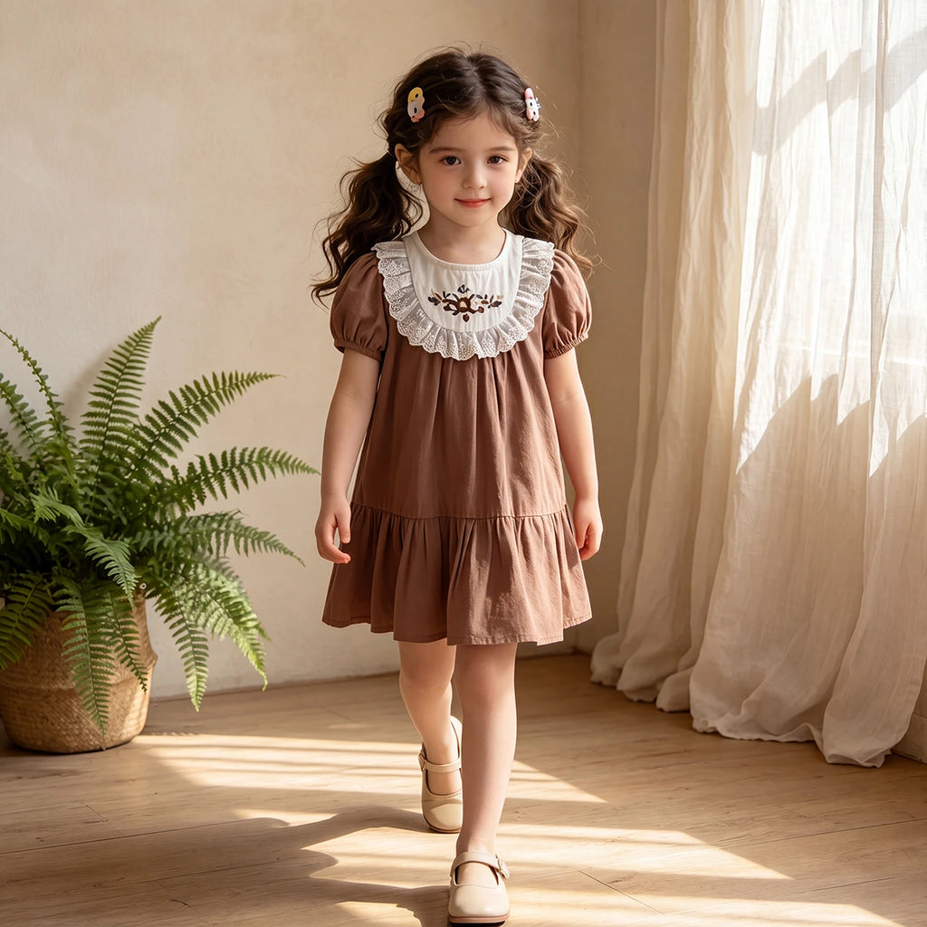 Girls Brown Embroidered Puff Sleeve A-line Dress Casual Dresses