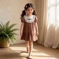 Girls Brown Embroidered Puff Sleeve A-line Dress Casual Dresses