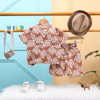 Boys Khaki Leaf Printed Short Sleeve Shirt With Elasticated Shorts Sets 2 pc. Sets