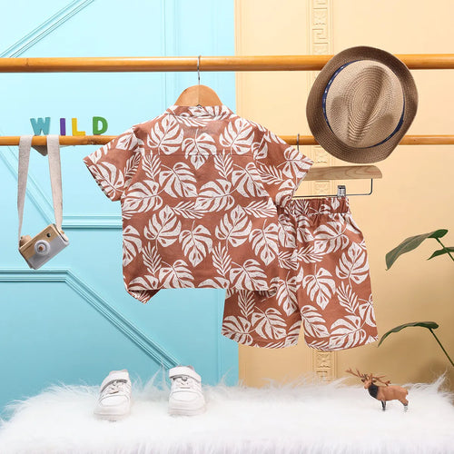 Boys Khaki Leaf Printed Short Sleeve Shirt With Elasticated Shorts Sets 2 pc. Sets