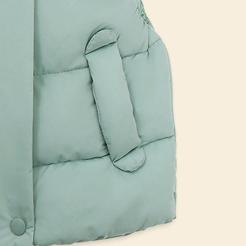 Girls Light Green Sleeveless Bear Ear On Hood Quilted Zip-up Jacket Coats & Jackets