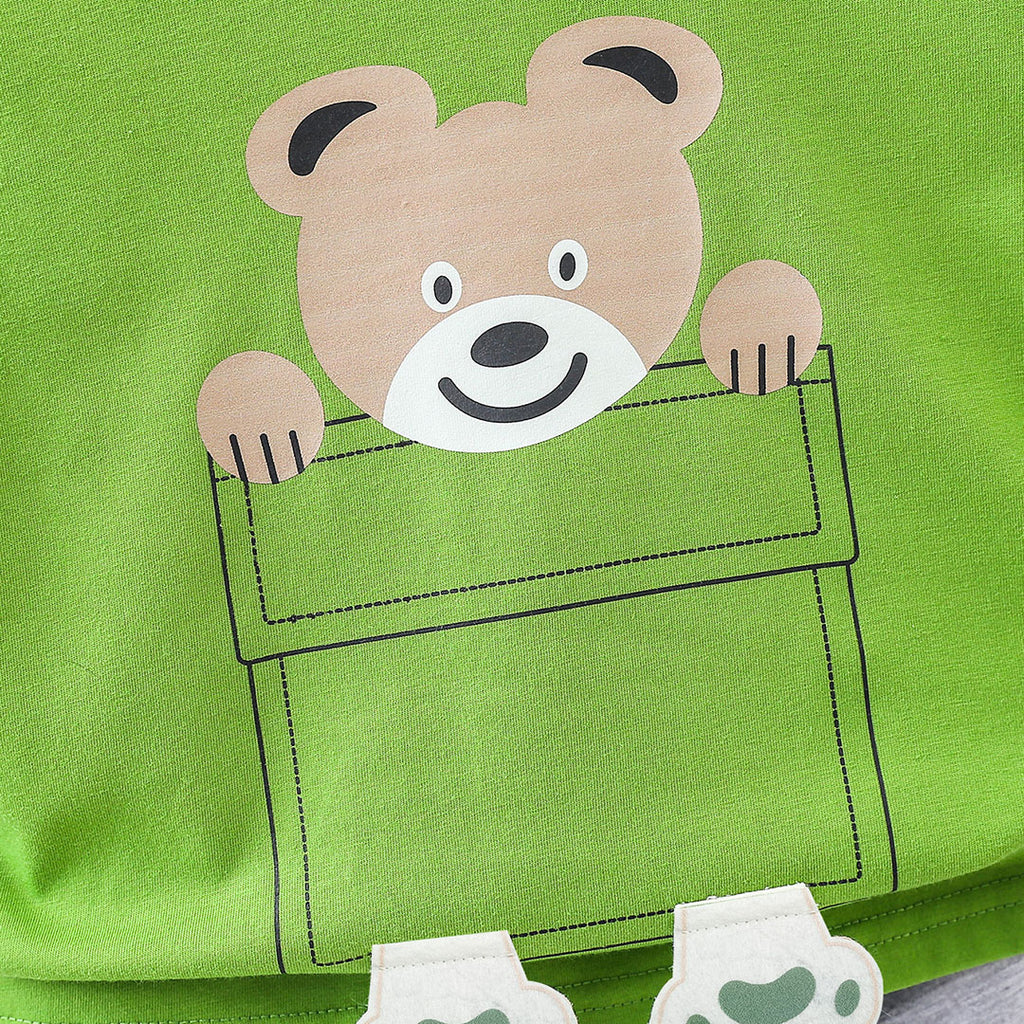 Boys Green Printed T-shirt with Grey Melange Shorts Set Sets