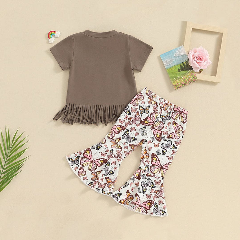 Girls Fringe T-shirt With Butterfly Print Flared Pants Set Sets   