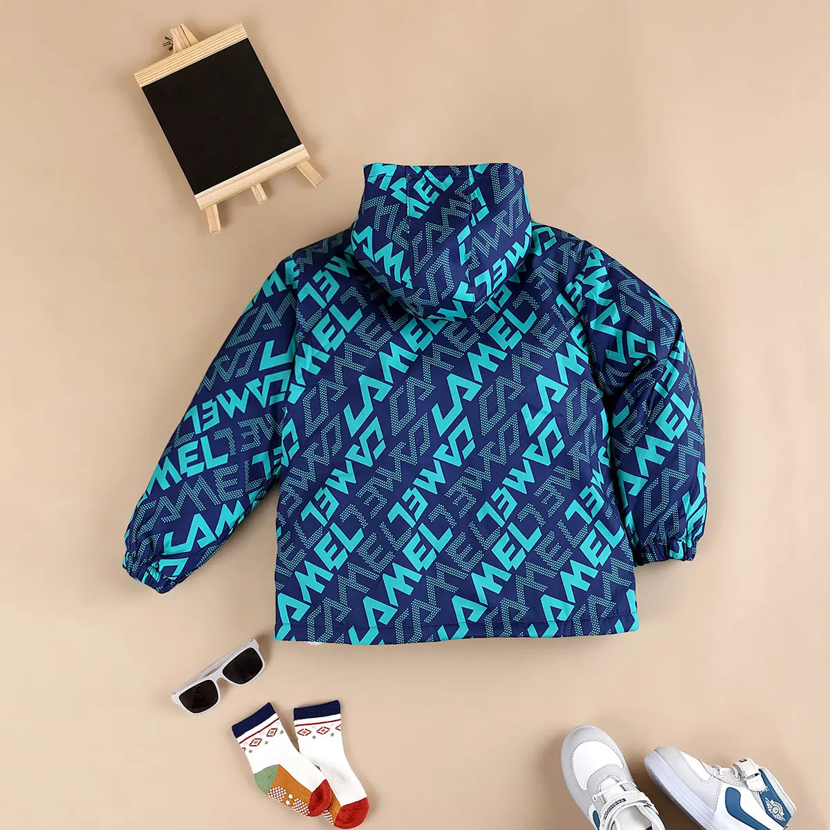 Boys Teal Typographic Printed Hooded Zipper Jacket Coats & Jackets