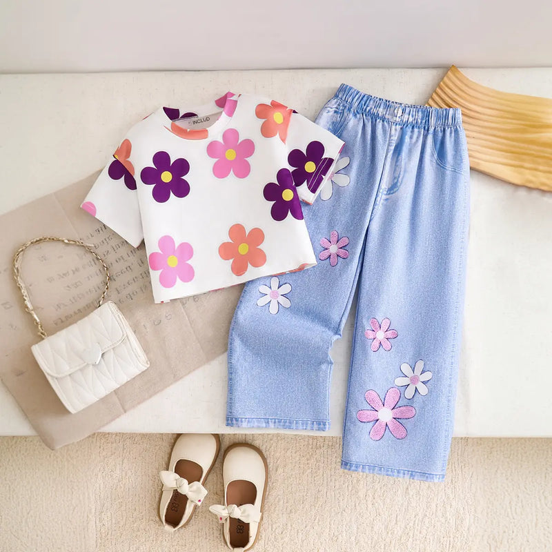 Girls Off White Floral Top With Fake Denim Print Pant Sets Sets Off White 3-4 Y