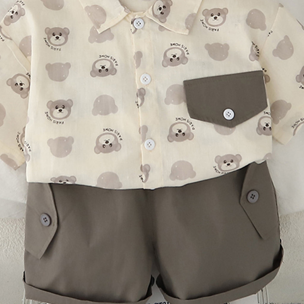 Boys Dark Grey Printed Short Sleeves Contrast Flap Shirt With Shorts Set 2 pc. Sets