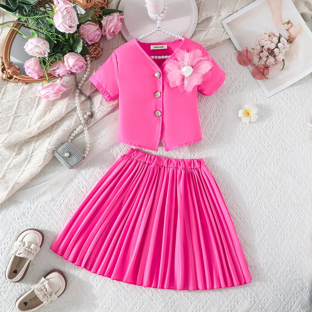 Girls Pink Flower Applique Short Sleeves Top With Pleated Skirts Co-ord Sets Sets Pink 2-3 Y