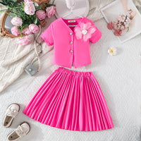 Girls Pink Flower Applique Short Sleeves Top With Pleated Skirts Co-ord Sets Sets Pink 2-3 Y