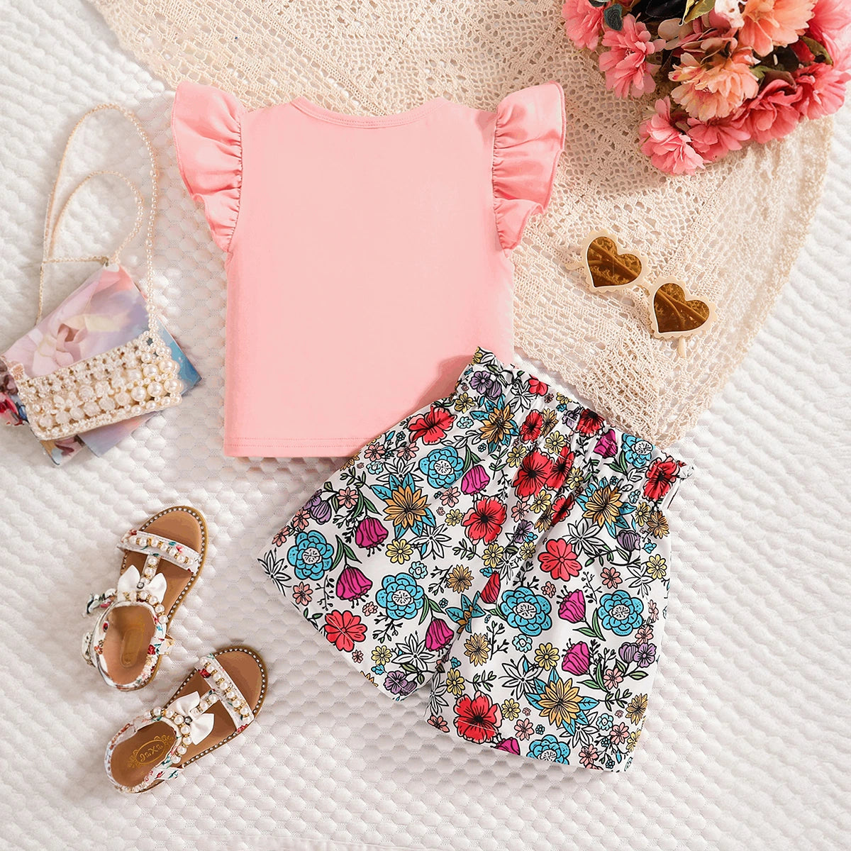 Girls Light Pink Floral Print Short Sleeve T-Shirt With Shorts Sets 2 pc. Sets