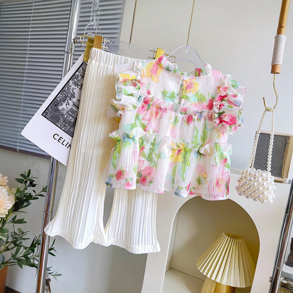 Girls Floral Printed Ruffle Peplum Top with Off-White Pleated Wide-Leg Pants Sets 2 pc. Sets