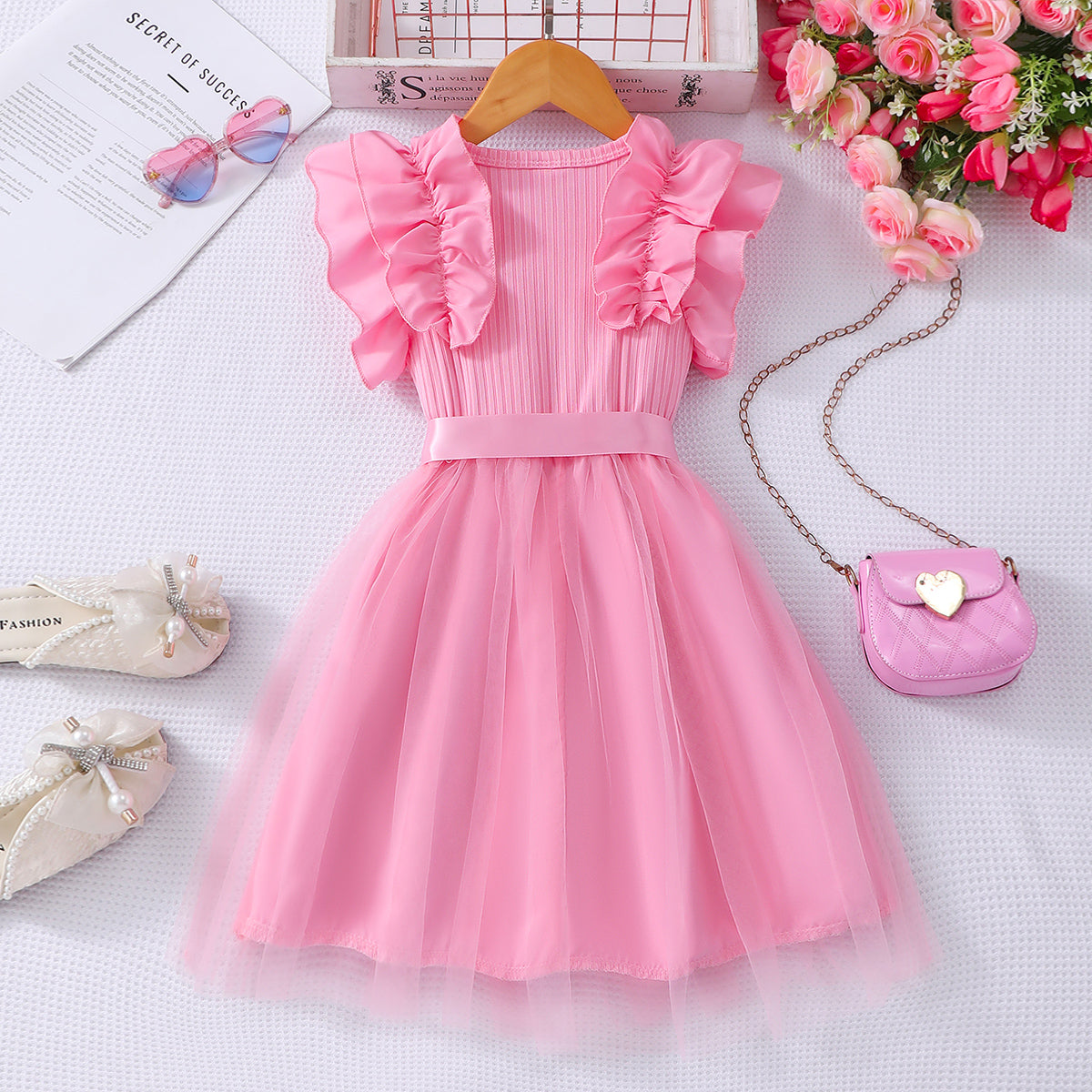 Girls Light Pink Flutter Sleeves Fit And Flared Dress Casual Dresses