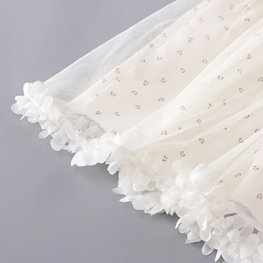 Girls Red Heart Applique A-Line Dress With Floral Print Tulle Overlay Casual Dresses