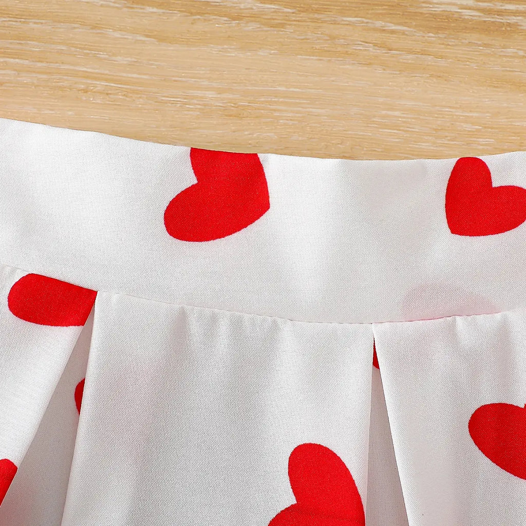 Girls White Heart Print One-Shoulder Top With Elasticated Skirt Sets Sets