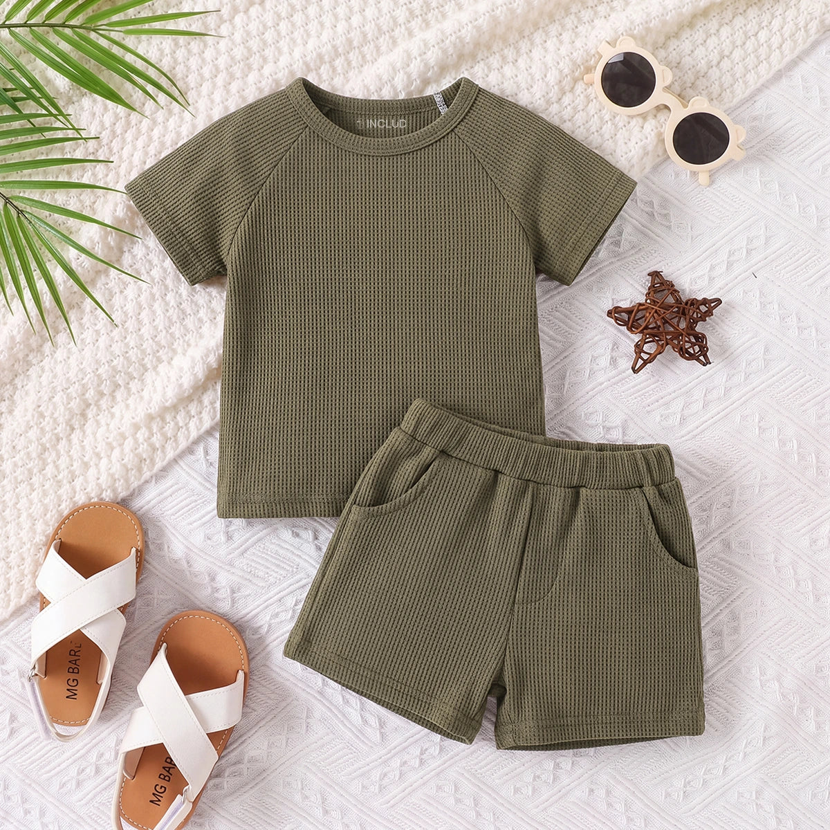 Boys Olive Green Waffle Knit Raglan Sleeve T-Shirt With Shorts Sets 2 pc. Sets Olive 1-2 Y