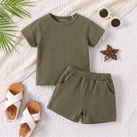 Boys Olive Green Waffle Knit Raglan Sleeve T-Shirt With Shorts Sets 2 pc. Sets Olive 1-2 Y