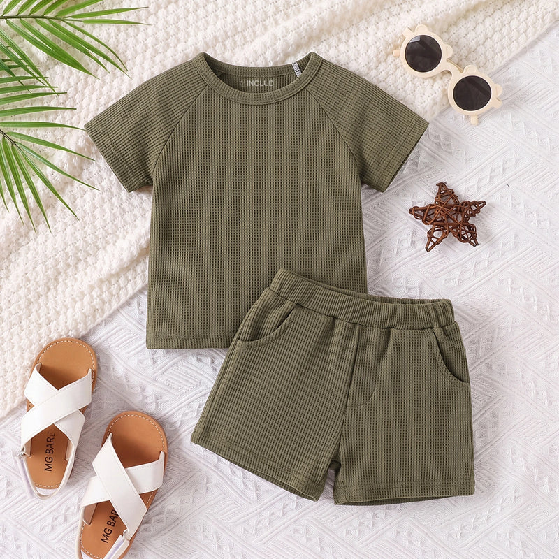 Boys Olive Green Waffle Knit Raglan Sleeve T-Shirt With Shorts Sets 2 pc. Sets Olive 1-2 Y
