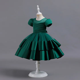 Girls Dark Green Puff Sleeve Ruffle Layered Party Wear Dress Party Dresses