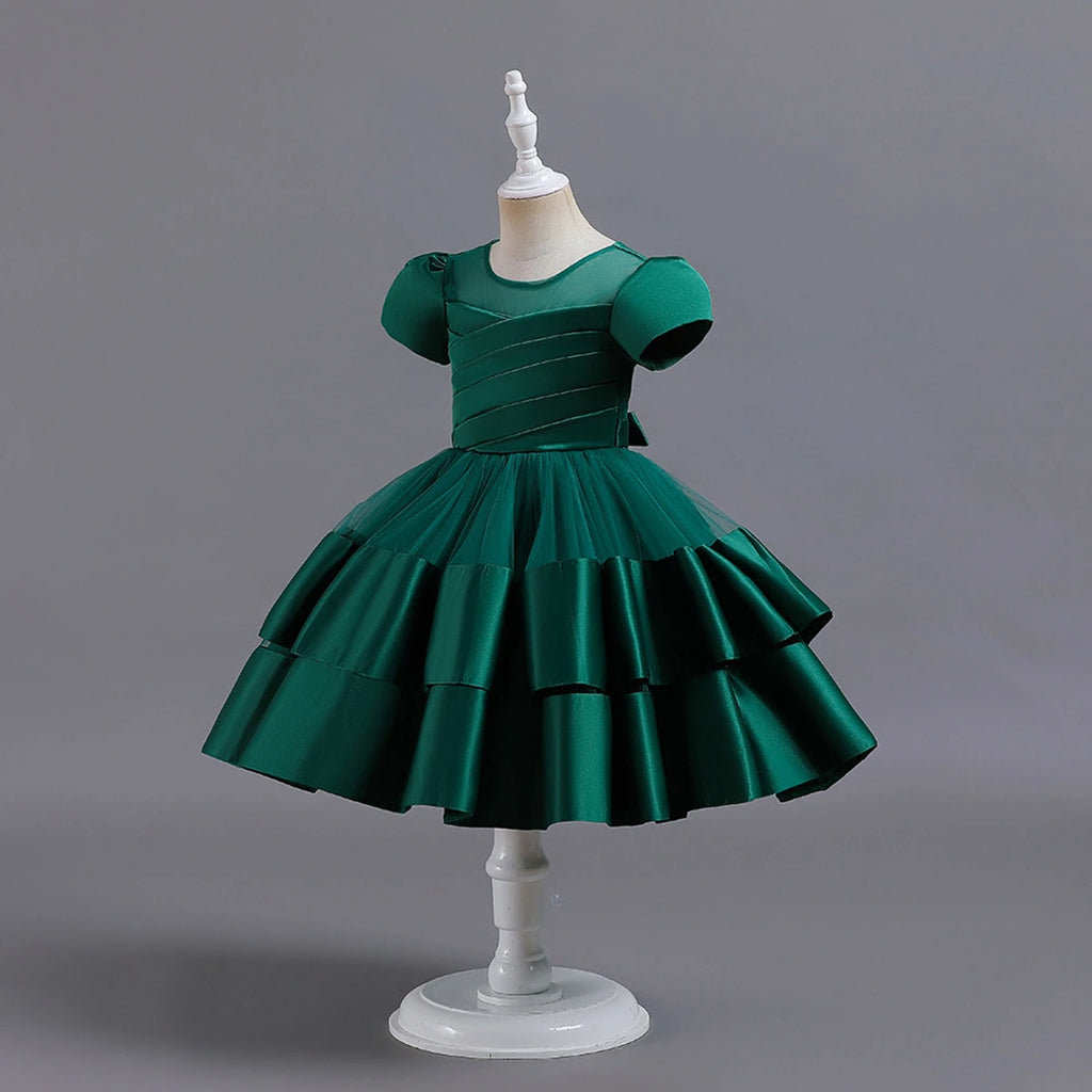 Girls Dark Green Puff Sleeve Ruffle Layered Party Wear Dress Party Dresses