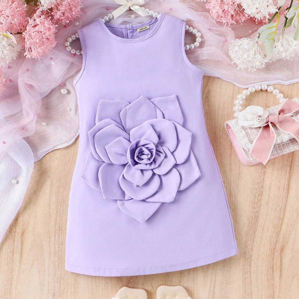 Girls Sleeveless Flower Applique A-Line Dress