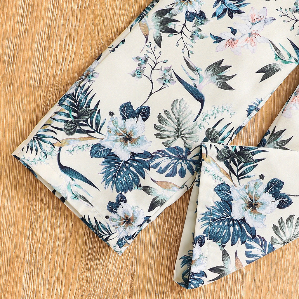 Girls Cream Floral Print Sleeveless Crop Top With Pants Sets 2 pc. Sets