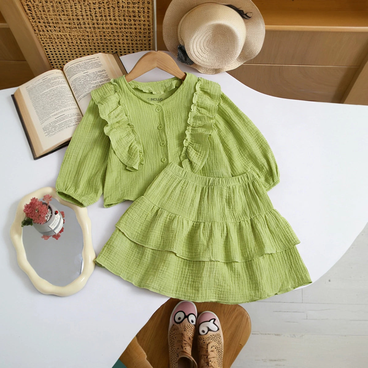 Girls Green Textured Ruffled Top with Tiered Skirt Sets 2 pc. Sets Green 1-2 Y