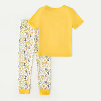 Girls Yellow Cat Print T-shirt with Floral Print Pajama Set Sets