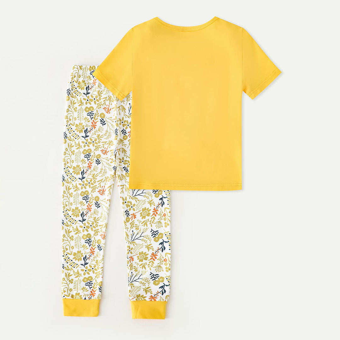 Girls Yellow Cat Print T-shirt with Floral Print Pajama Set Sets