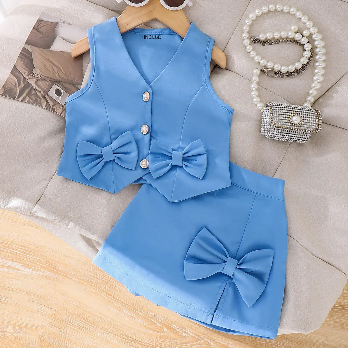 Girls Blue Bow Applique Sleeveless Top With Elasticated Shorts Sets 2 pc. Sets Blue 2-3 Y
