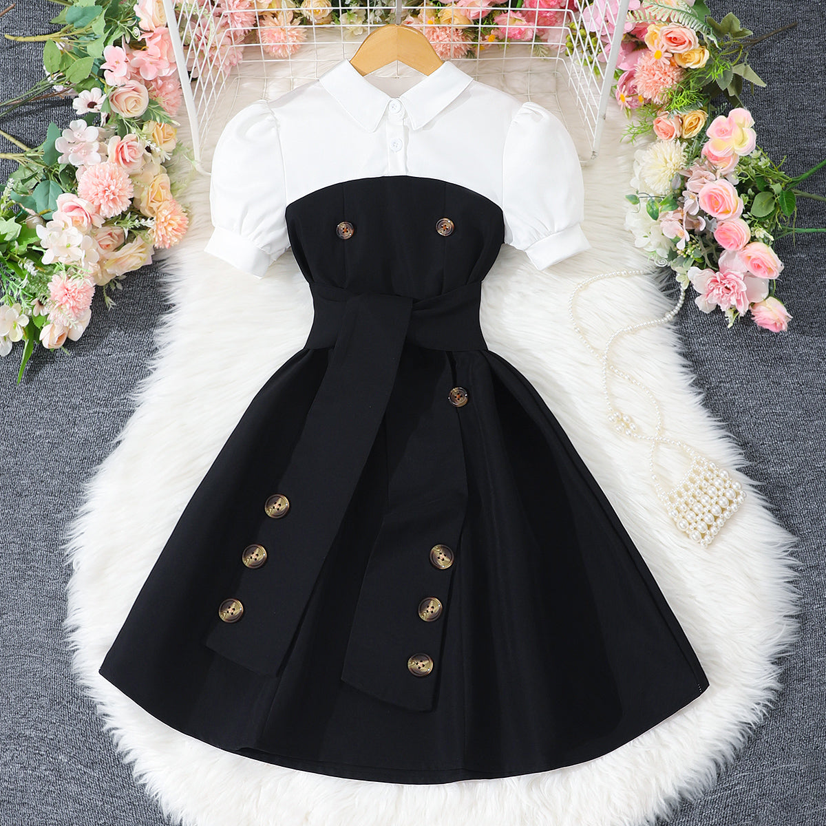 Girls Black Polo Neck Flared Dress with Wide Belt – INCLUD