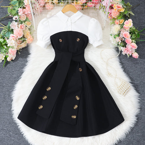 Girls Black Polo Neck Flared Dress with Wide Belt Casual Dresses Black 7-8 Y