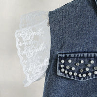 Girls Blue Embroidered Lace Sleeve Denim Top With Denim Shorts Sets 2 pc. Sets