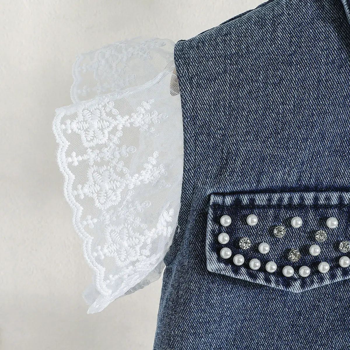 Girls Blue Embroidered Lace Sleeve Denim Top With Denim Shorts Sets 2 pc. Sets