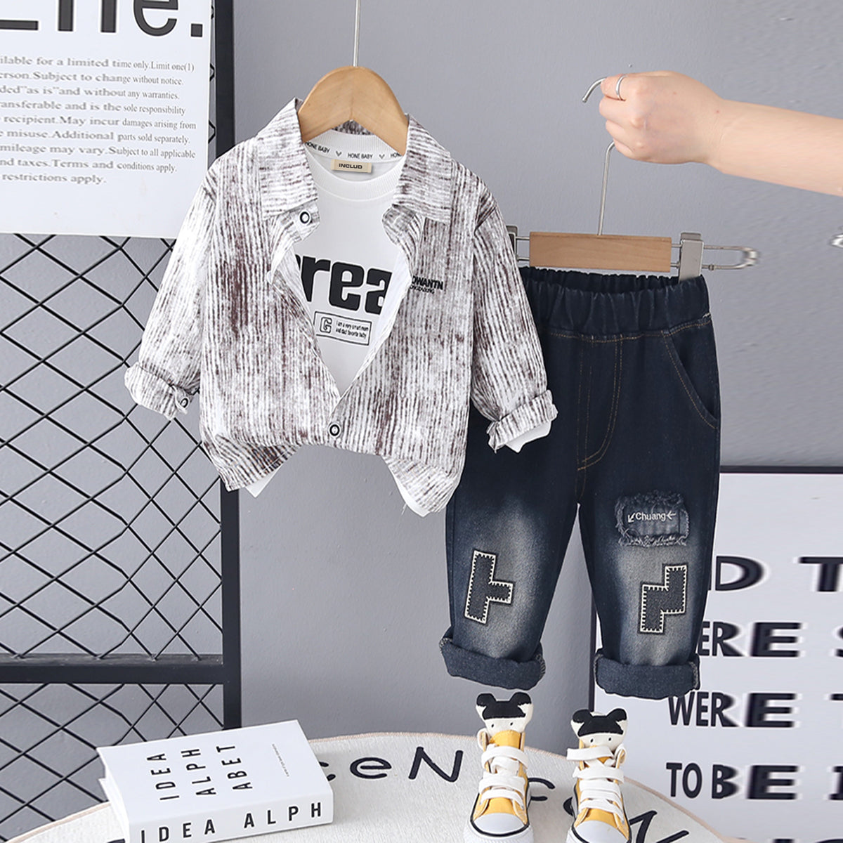 Boys Brown Abstract Printed Shirt With Printed T-Shirt & Denim Pants Set Sets Brown 1-2 Y